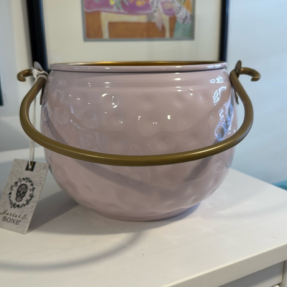 Halloween Mortar & Bone NWT Hammered Metal Jack-O'-Lantern Pink Pumpkin Pail - Picture 4 of 8